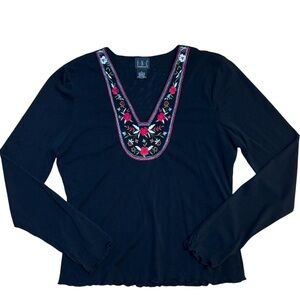INC Y2K Floral Embroidered Mesh Long Sleeve Baby Tee Boho Sheer Stretch Black L